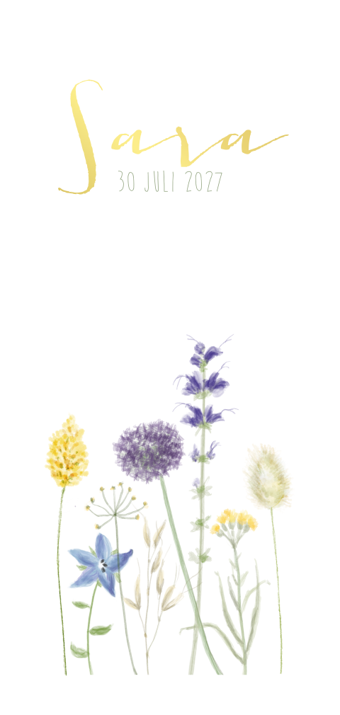 Goudfolie geboortekaartje voor een meisje met veldbloemen