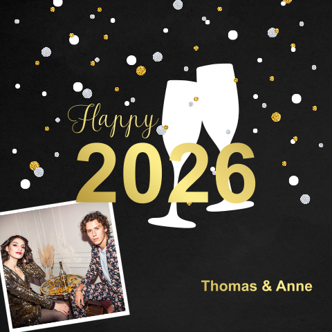 Hippe nieuwjaarskaart met confetti en champagneglazen