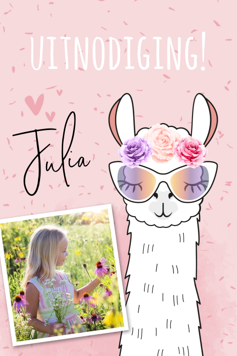 Trendy kinderuitnodiging met alpaca en bloemen