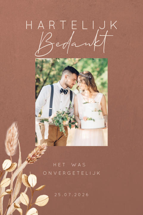 Bedankkaart trouwen met droogbloemen en foto