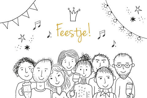 Originele verjaardagsuitnodiging met tekening van feestje