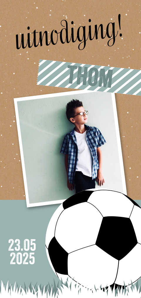 Stoere uitnodiging voor een jongen met ballon en foto's