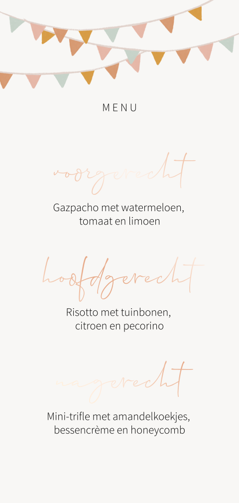 21 Diner menukaart met vlaggetjes en tekst in roségoudfolie