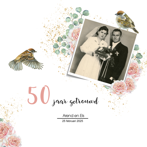 Uitnodiging 50e huwelijksjubileum met foto, eucalyptus en rozen