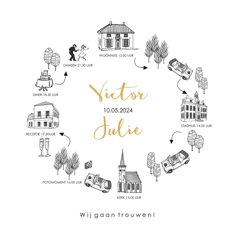 Originele trouwkaart met geïllustreerde tijdlijn