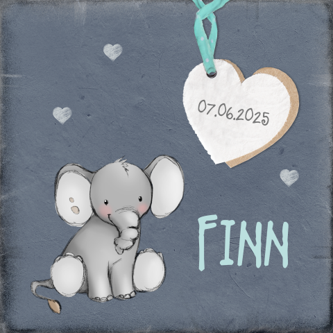 Lief geboortekaartje voor een jongen met olifantje en hartjes