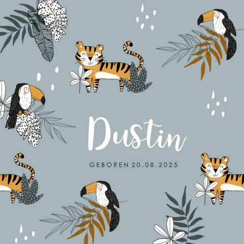 Stoer geboortekaartje jongen met jungle dieren