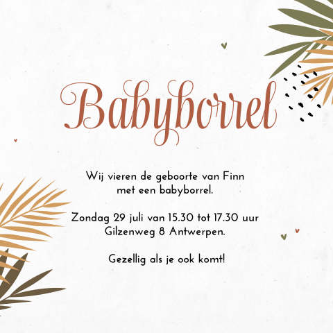 Babyborrelkaartje met palmboom takjes en hartjes