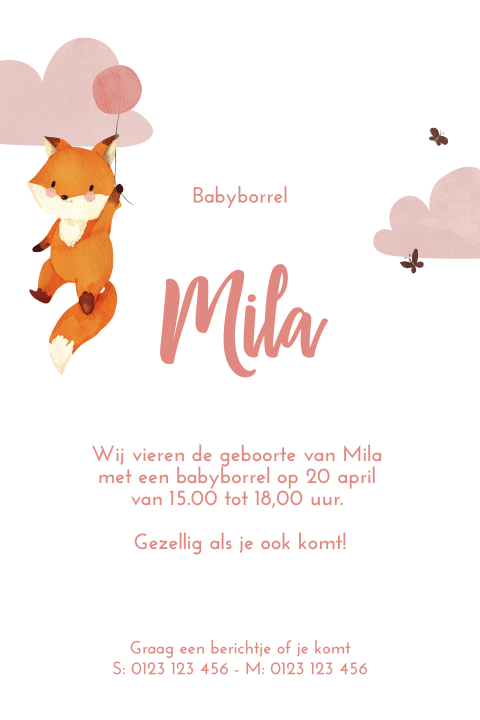 Babyborrelkaartje op biotop papier met vosje en roze ballon