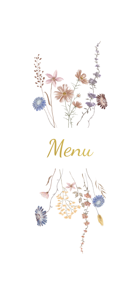 Luxe menukaart met geschilderde veldbloemen en goudfolie