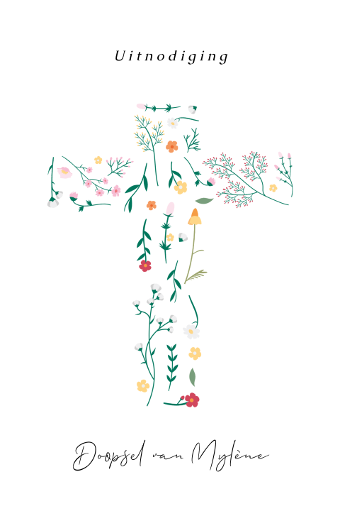 Lief doopkaartje met gebloemd kruis en eenvoudige typografie
