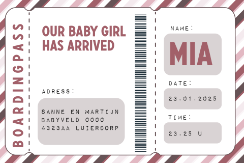 Geboortekaartje in de vorm van een boarding pass voor een meisje