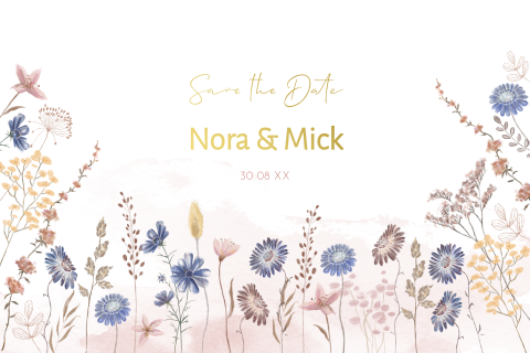 Save-the-date met bloemen, goudfolie en veldbloemen