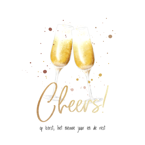 Trendy kerstkaart met klinkende champagneglazen en gouden details