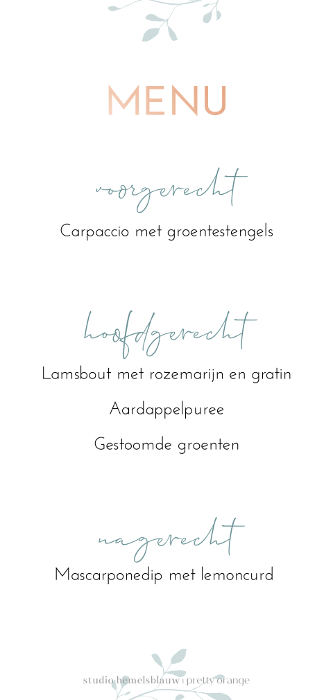 Menukaart voor 21 diner met roségoudfolie tekst en bloemen