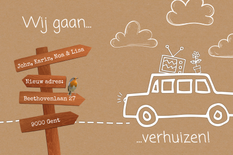 Hippe kraft verhuiskaart met houten wegwijs bordjes en verhuisauto