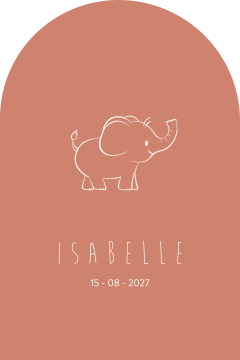 Geboortekaartje in boogvorm met lijntekening van olifant