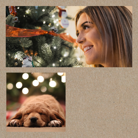 Kerstkaart vierkant in kraft-look met twee foto's