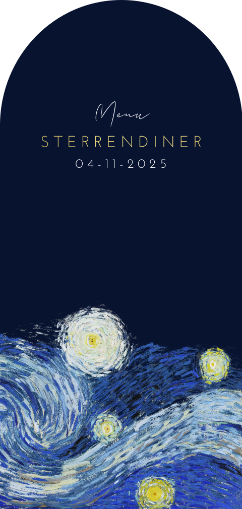 Menukaart met goudfolie tekst en schilderij van sterrennacht