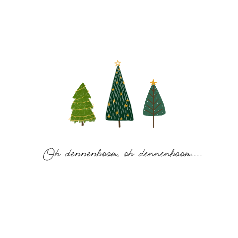 Kerstkaart met kerstbomen en tekst kerstliedje.