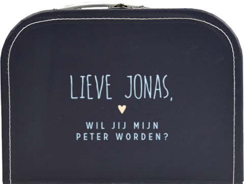 Donkerblauw koffertje met lichtblauwe tekst en een hartje
