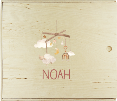 Houten presentatie doos met mobieltje en schapjes