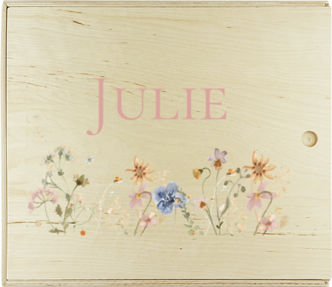 Houten presentatie doos met veldbloemen