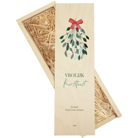 Wijnkist met vrolijke kersttak en strik