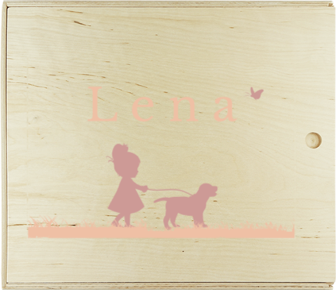 Houten presentatie doos met silhouetten van meisje en hond