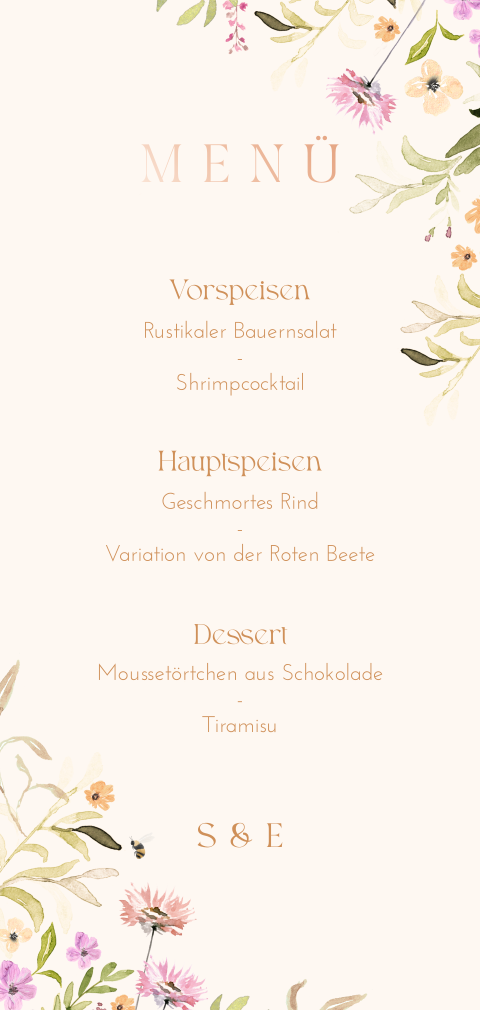 Menükarte mit Wildblumen und Roségoldfolie
