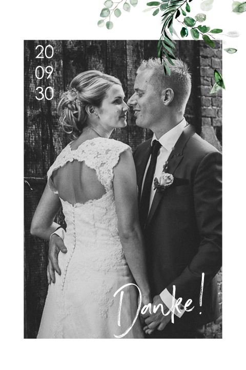 Florale Dankeskarte mit Paarfoto und Zweigen