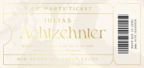 Einladung zum 18. Geburtstag im VIP Ticketstil und Goldfolie