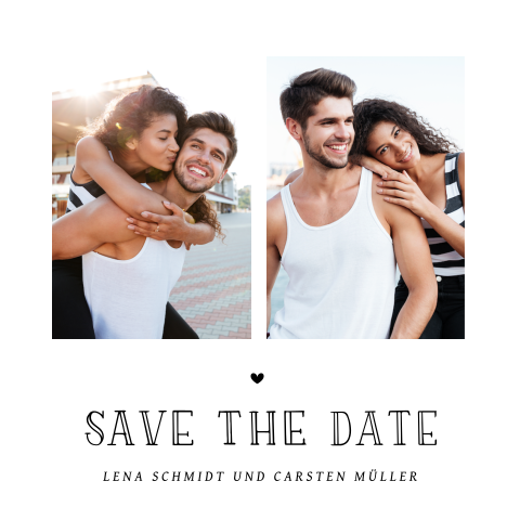 Weiße Save the Date Karte mit zwei Fotos und Herzen