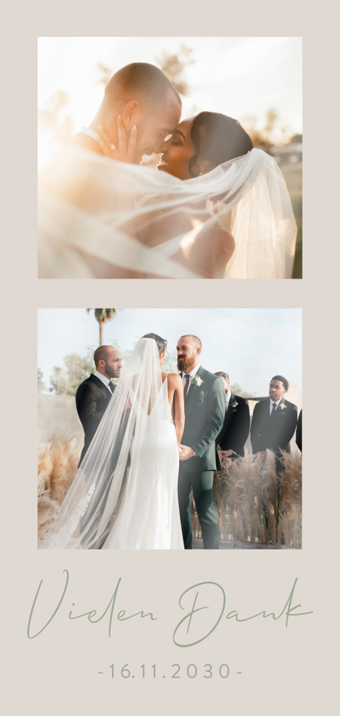 Dankeskarte Hochzeit mit zwei Fotos und beigem Hintergrund
