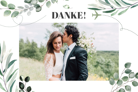 Dankeskarte mit Eukalyptusblättern und Flugzeug