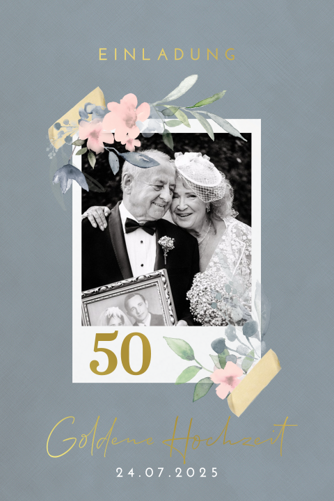 Florale Einladung zur goldenen Hochzeit in schickem Grau