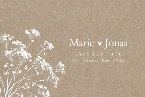 Florale Save the Date Karte im Kraftlook mit Schleierkraut und Herzen