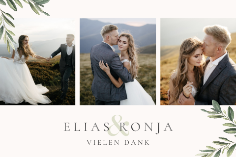 Botanische Dankeskarte zur Hochzeit mit Bildern und Olivenzweigen