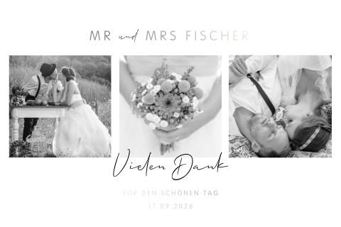 Elegante Danksagungskarte zur Hochzeit mit Fotos und Silberfolie
