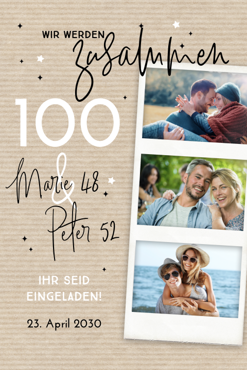Einladung zum Doppelgeburtstag 100 Jahre im Kraftpapier-Look mit Fotos