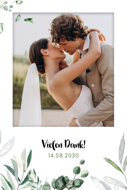 Dankeskarte Hochzeit mit Foto und Blättern