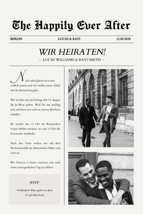 Einladung zur Hochzeit im Zeitungsstil mit klassischem Details
