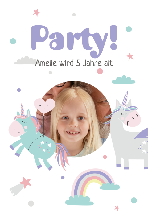 Einladung Kindergeburtstag mit Einhörnern, Regenbogen und Foto