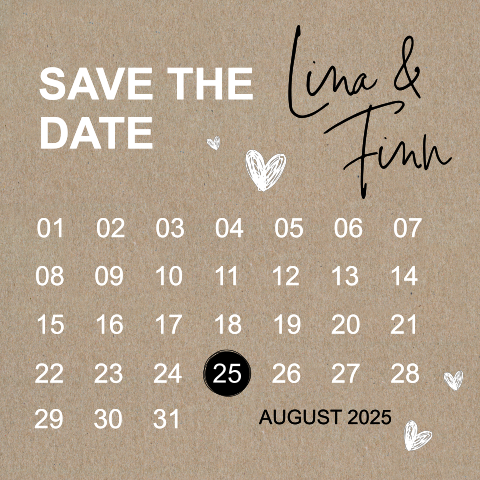 Kraftpapier Save the Date mit Kalender und Herzen