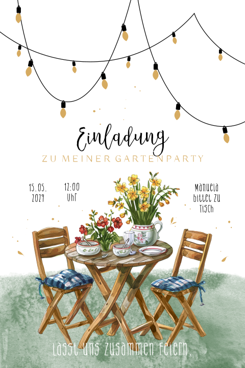 Geburtstagseinladung zum Gartenfest mit Girlanden und Gartentisch 70
