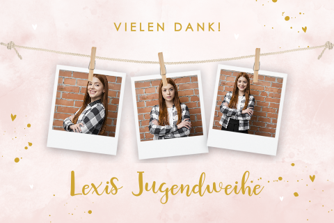 Danksagung zur Jugendweihe in rosa mit goldenen Herzchen