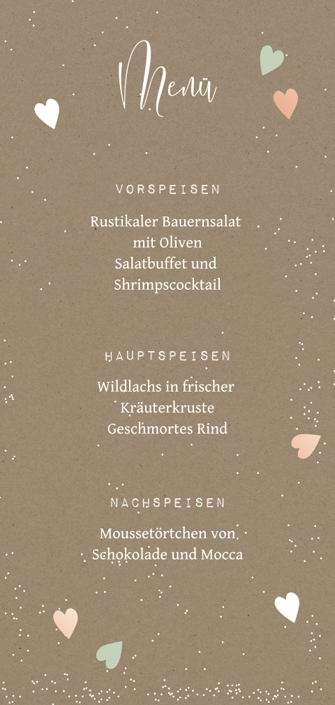 Glas voller Liebe Menükarte mit Roségoldfolie