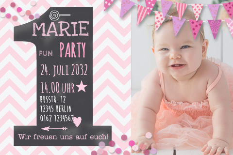 Kindergeburtstagseinladung in Rosa mit Foto