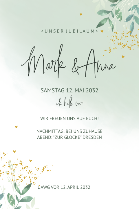 Einladung zur Jubiläumsfeier mit Zweigen und goldenen Sprenkeln