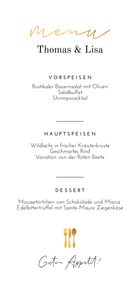 Schlichte Menükarte zum Jubiläum mit Messer, Gabel und Löffel